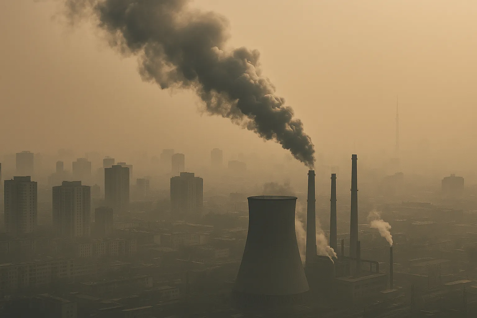 Industrijski dimnjaci i grad u gustom smogu pri zalasku sunca