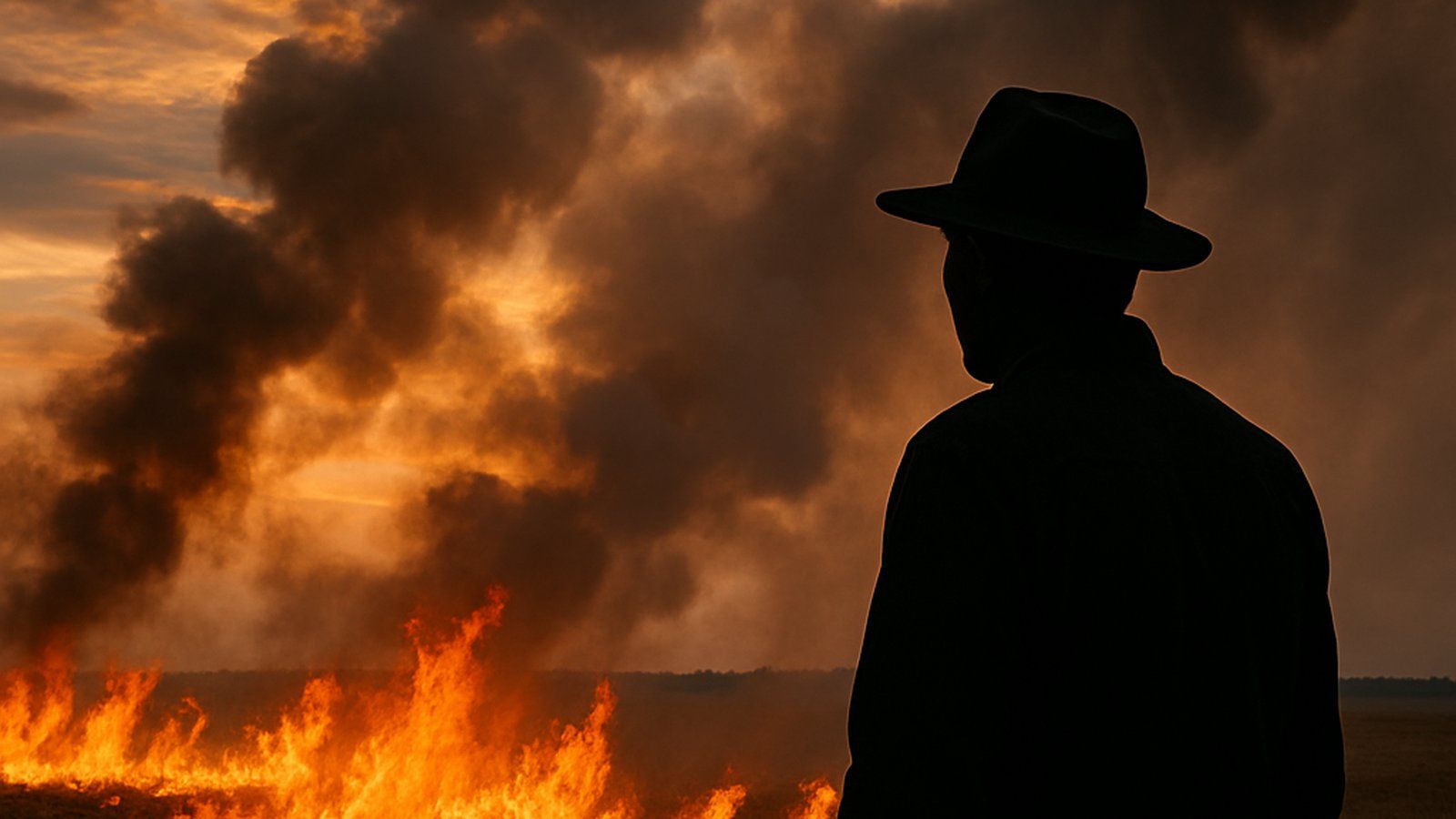 Silueta čoveka ispred linije vatre i gustog dima od agropaljenja na njivi u Vojvodini