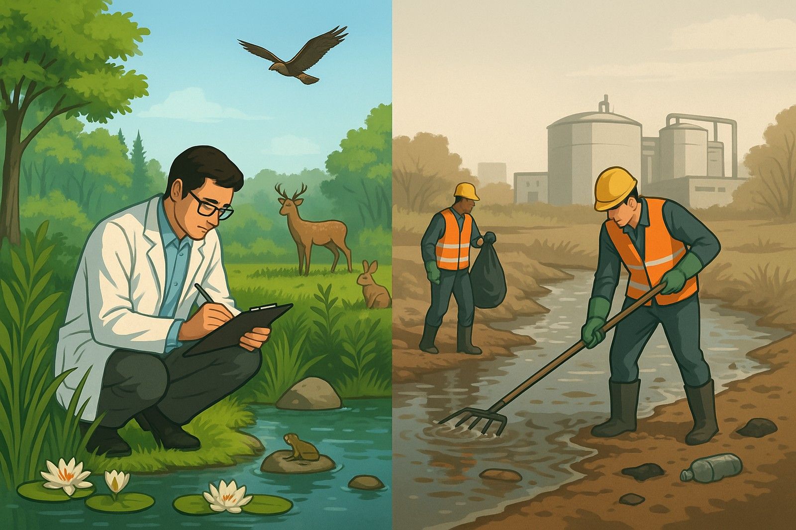 Ilustracija ekologije i zaštite životne sredine – naučnik u prirodi i radnici koji saniraju zagađenje