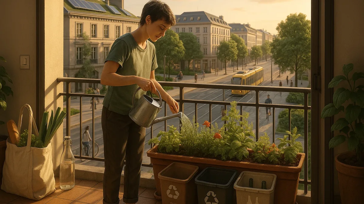 Mladi čovek zaliva mini baštu na balkonu iznad ulice sa tramvajem, pešacima i biciklistima; na krovovima se vide solarni paneli – prikaz ekologije svakodnevnog života u gradu.