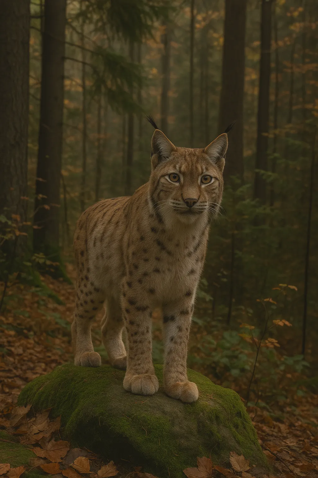 Balkanski ris stoji na mahovinom prekrivenoj steni u šumi