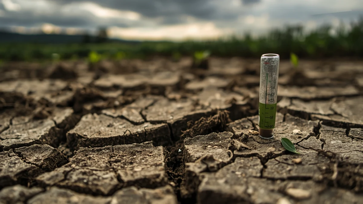 Epruveta zabodena u ispucalo zemljište kao ilustracija merenja pH i problema acidifikacije tla.