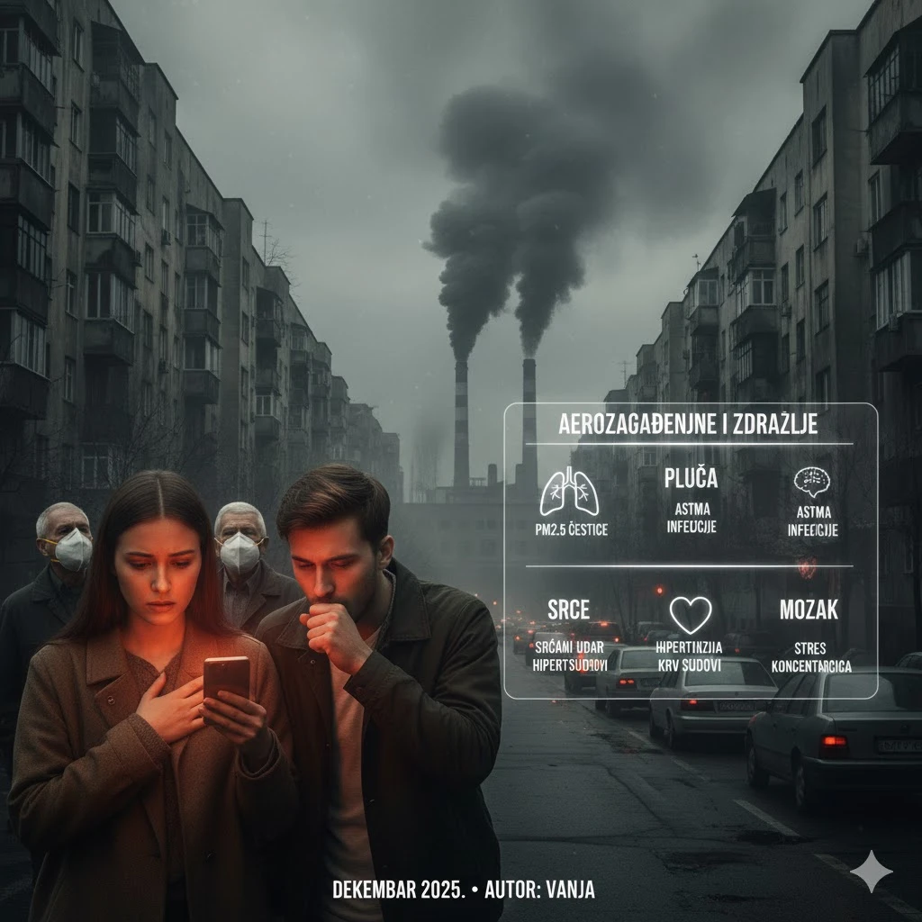 Grad pod slojem smoga, osoba sa maskom i stilizovanim prikazom pluća kao upozorenje na aerozagađenje