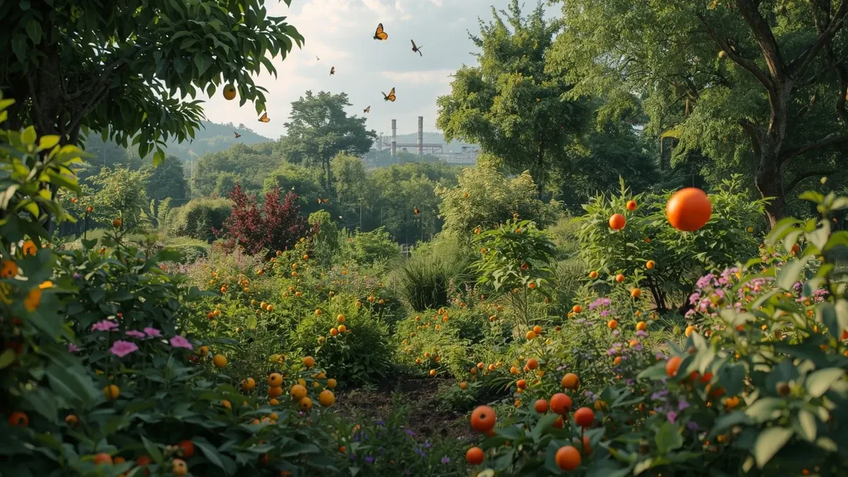 Raznovrstan baštenski zasad sa voćem, cvećem i oprašivačima kao ilustracija agroekologije i permakulturnog pristupa.