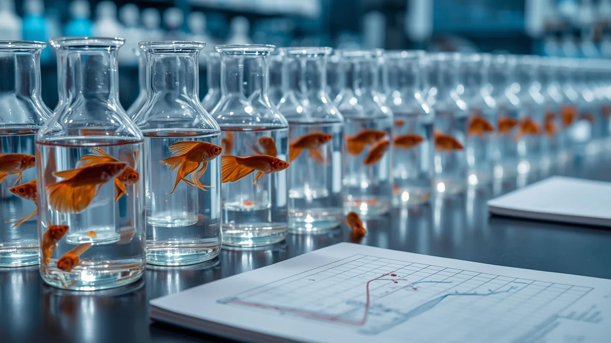 Podvodna laboratorijska postavka sa epruvetama kao ilustracija akutnih i hroničnih ekotoksikoloških testova u vodi.