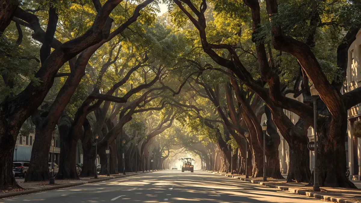 Stara drvoredna aleja koja natkriva gradsku ulicu kao ilustracija urbanog zelenog nasleđa i hlada starih stabala.