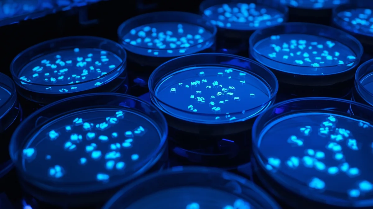Petri šolje sa plavim kolonijama u laboratoriji kao ilustracija Ames testa i procene mutagenosti uzoraka.