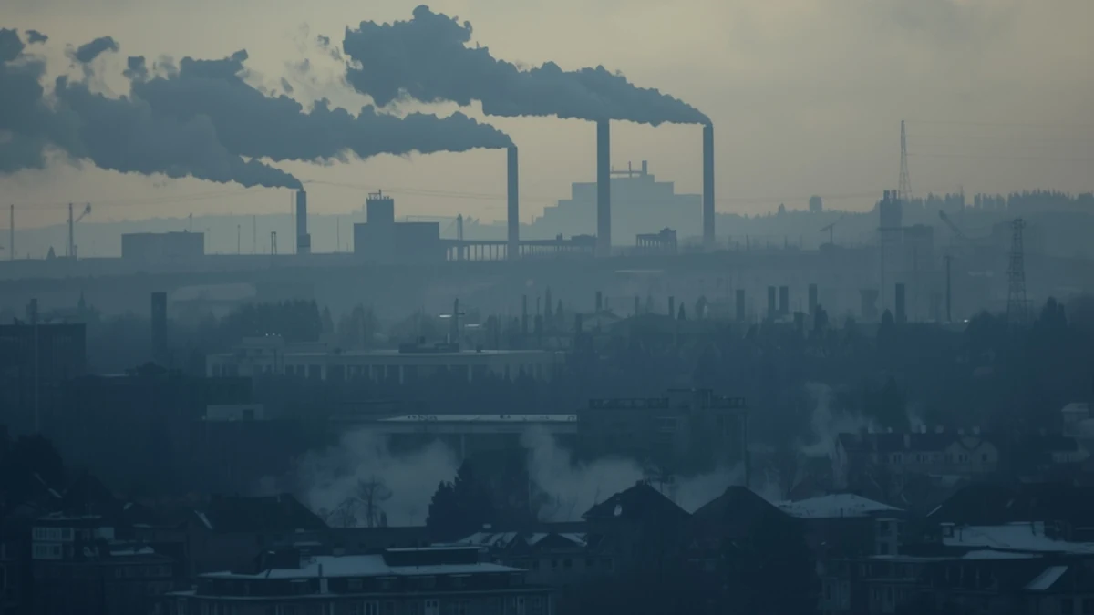 Ilustrativni vizuel industrijskih dimnjaka iznad grada — priča o zagađenju vazduha i emisijama azota i sumpora.