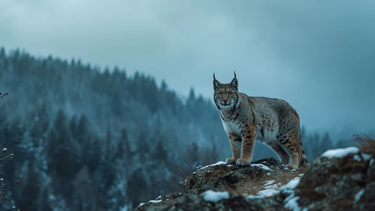 Balkanski ris na steni ispred planinske šume kao ilustracija jedne od najugroženijih mačaka Evrope.