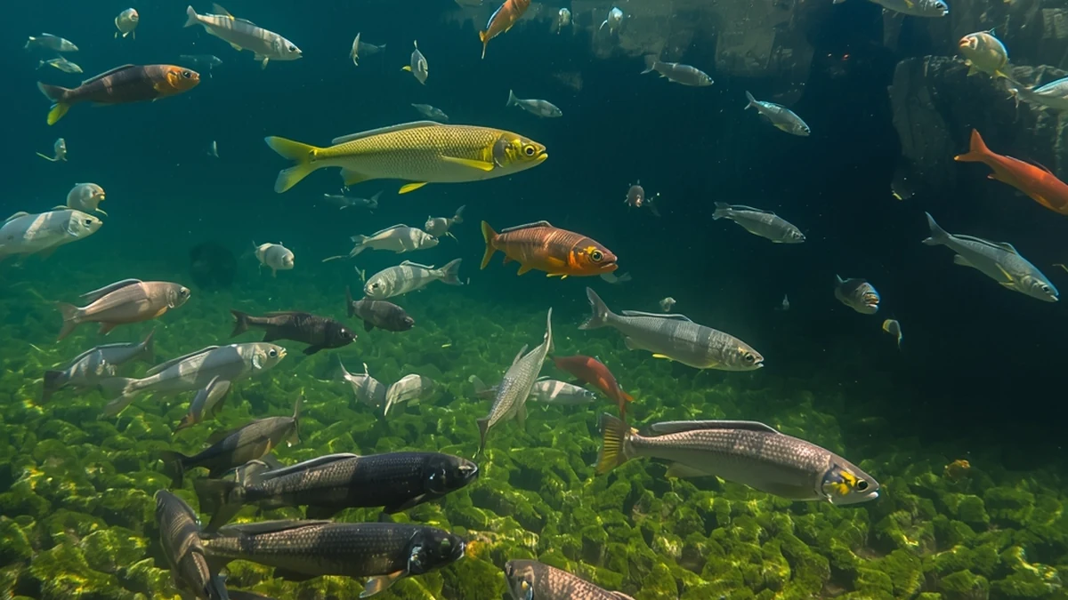 Podvodni prikaz raznovrsnih riba kao ilustracija bogatstva i ugroženosti biodiverziteta u rekama Balkana.