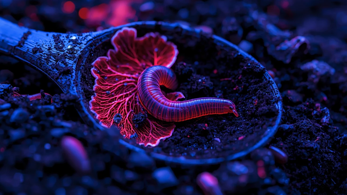 Krupan prikaz organizma tla i gljivične mreže u zemlji kao ilustracija biodiverziteta tla.