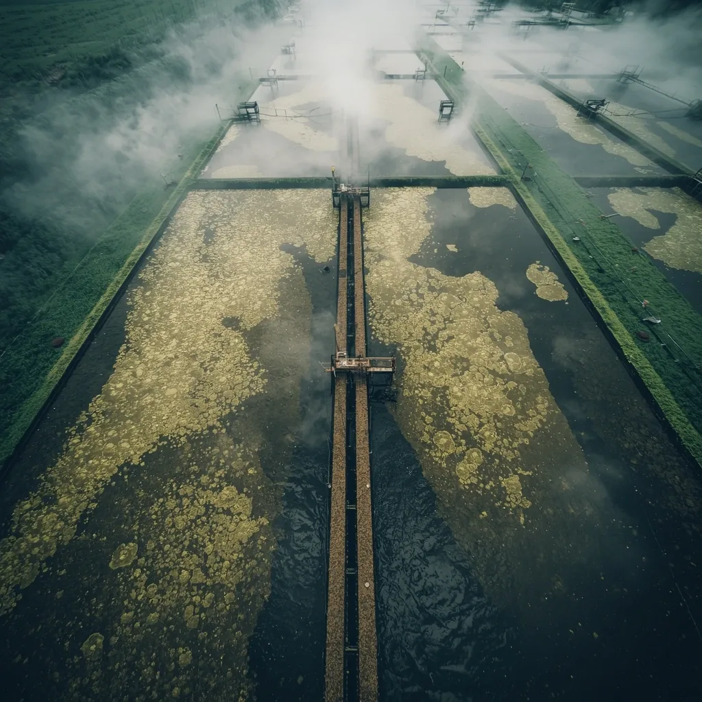 Rešetke i kanali postrojenja kao ilustracija biološkog tretmana otpadnih voda u procesnoj liniji.