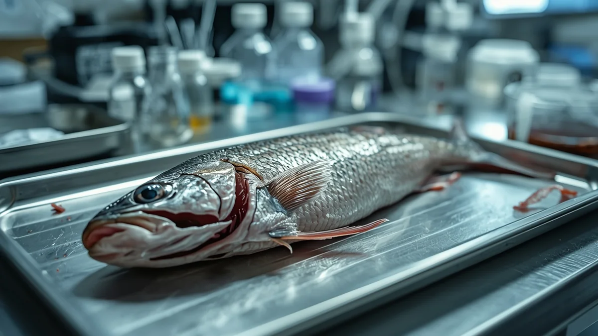Laboratorijski sto sa ribom na metalnom poslužavniku kao ilustracija biomarkera i ekotoksikološke analize riba.