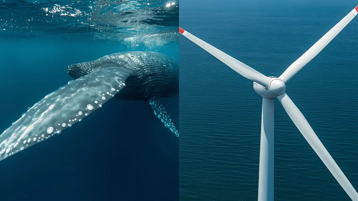 Peraja grbavog kita s tuberkularnim izrastajima i vetroturbina s identičnim profilom lopatica kao ilustracija biomimetike.