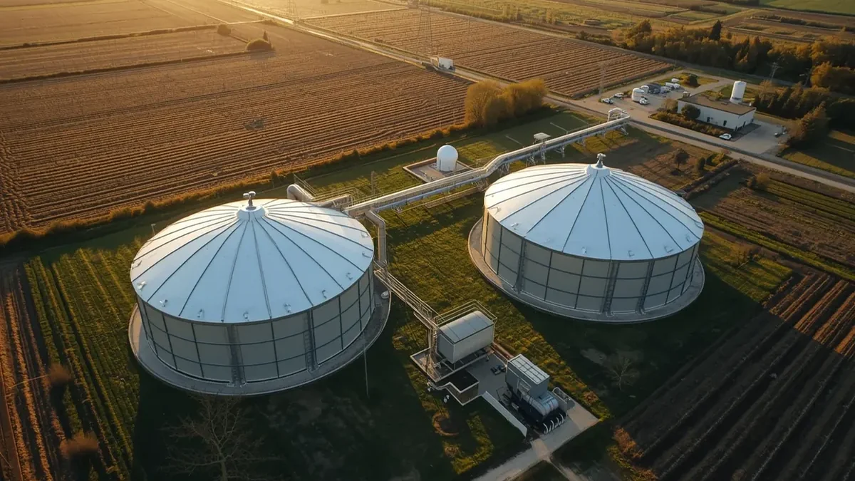 Biogasno postrojenje u poljoprivrednom pejzažu kao ilustracija proizvodnje energije iz organskog otpada.