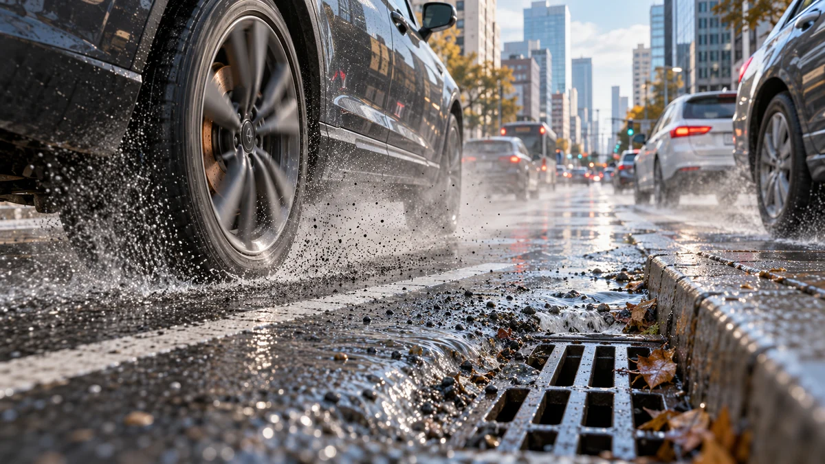 Automobili na mokroj ulici; prikaz čestica nastalih habanjem pneumatika i kočnica koje kiša spira ka slivniku.