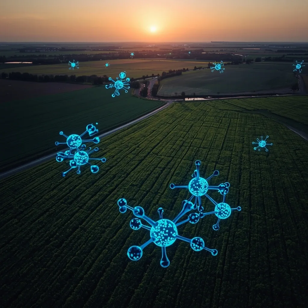 Poljoprivredni pejzaž sa simboličnim prikazom reaktivnog azota iznad useva.