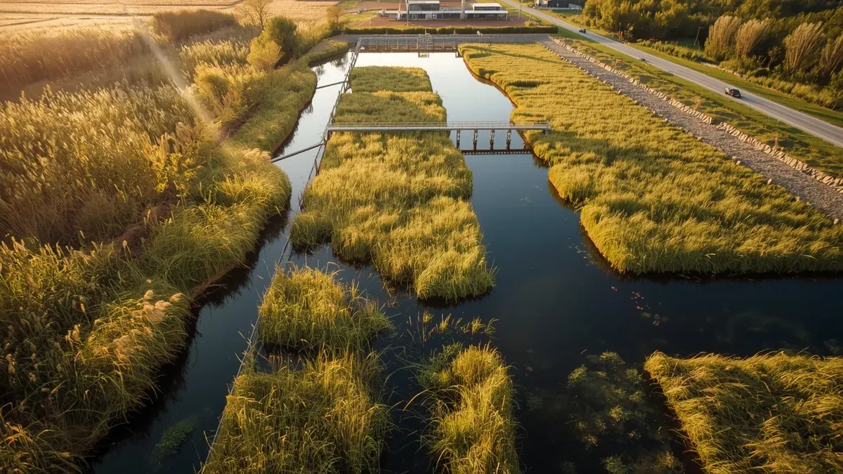 Konstruisana močvarna polja sa kanalima i vegetacijom kao ilustracija polishing tretmana otpadnih voda.