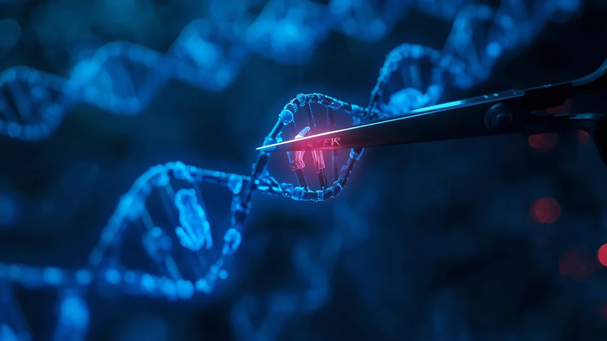 Molekularni alat CRISPR-Cas9 koji seče DNK heliks kao ilustracija genetskog inženjerstva u konzervacionoj biologiji.