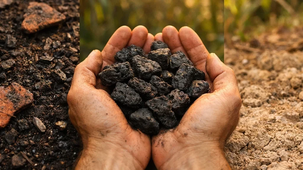 Ruke drže komade biougljenika iznad zemljišta — simbol biochara kao dodatka tlu za bolju strukturu i zadržavanje vode.