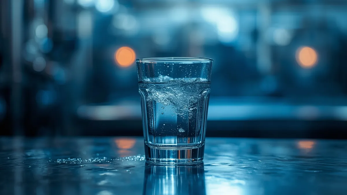 Čaša bistre vode na metalnoj površini u postrojenju za prečišćavanje, hladni plavi tonovi.