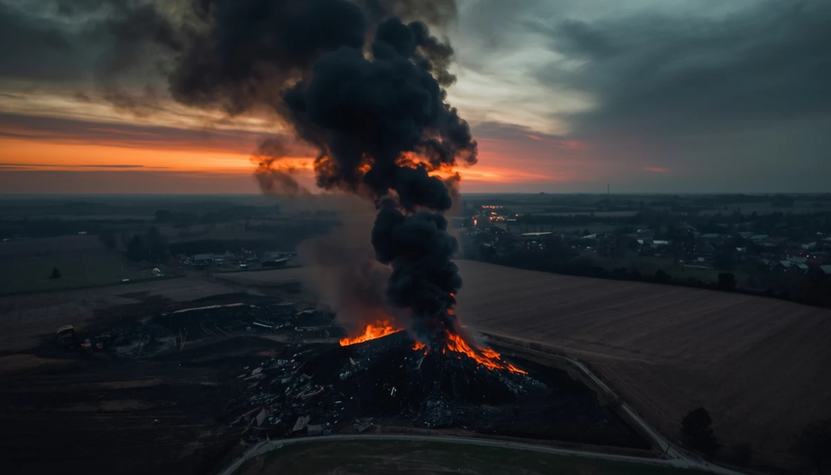 Požar na deponiji sa gustim dimom kao ilustracija nastanka dioksina i furana tokom nekontrolisanog sagorevanja otpada.