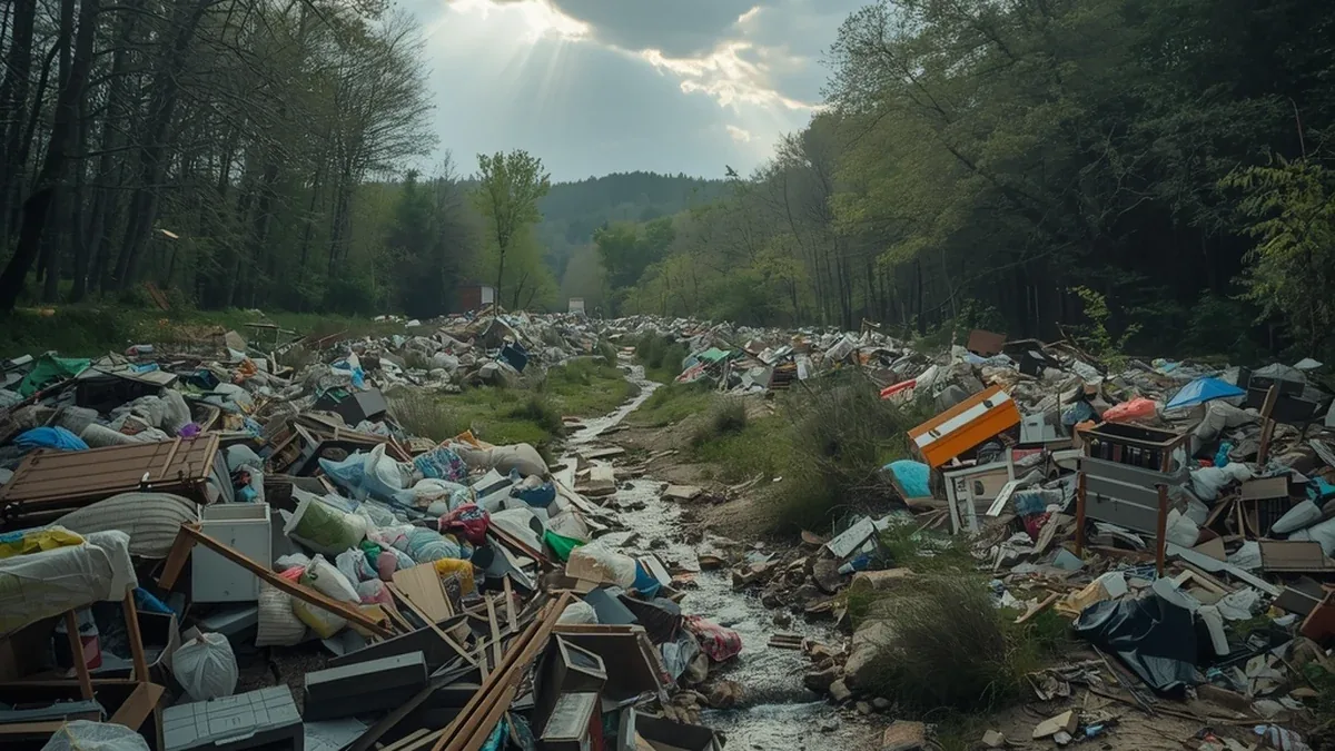 Ilustrativni vizuel divlje deponije u šumskom pojasu — priča o nelegalnom odlaganju otpada u Srbiji.