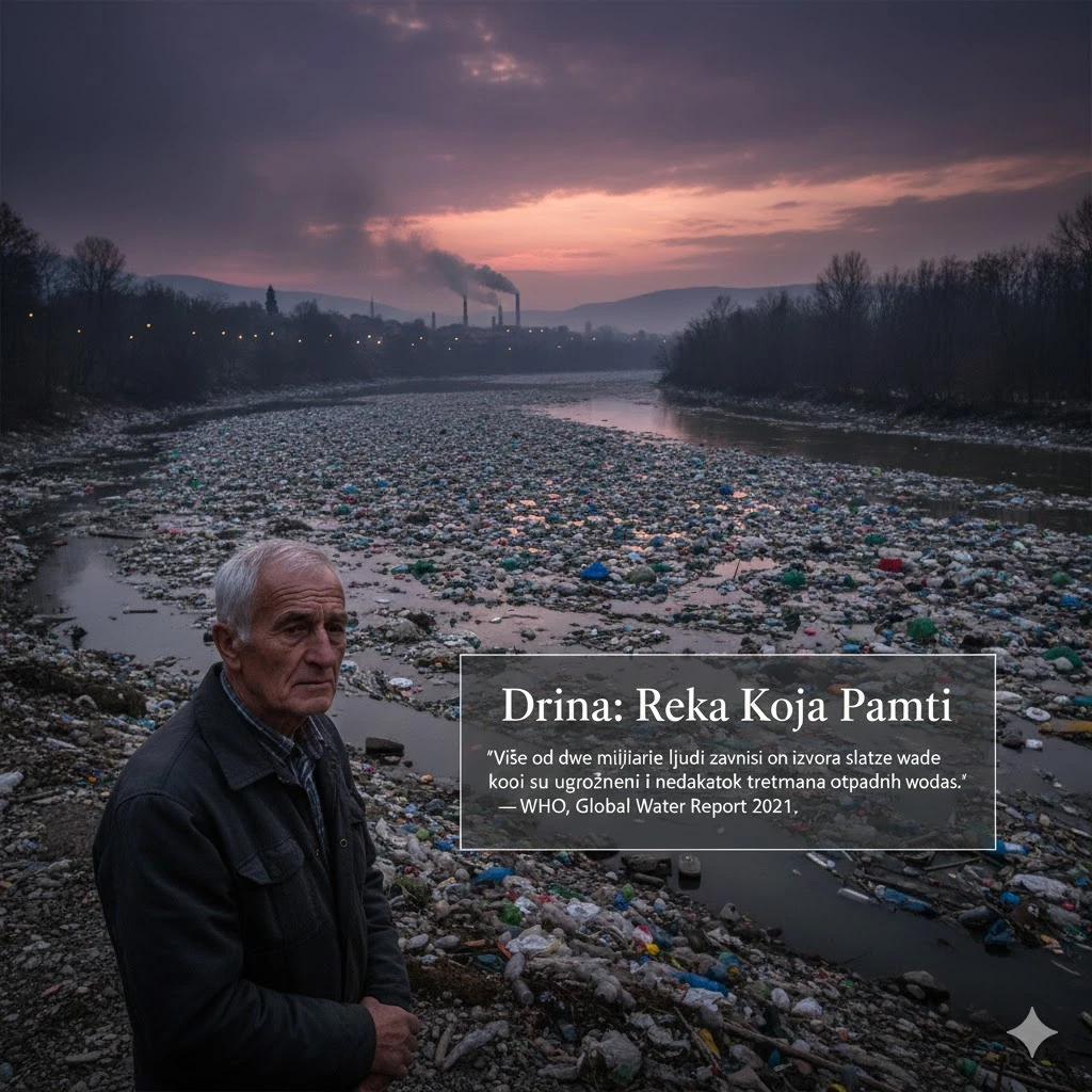 Stariji čovek stoji na obali Drine prekrivene otpadom i plastikom – simbol sećanja reke i posledica zagađenja