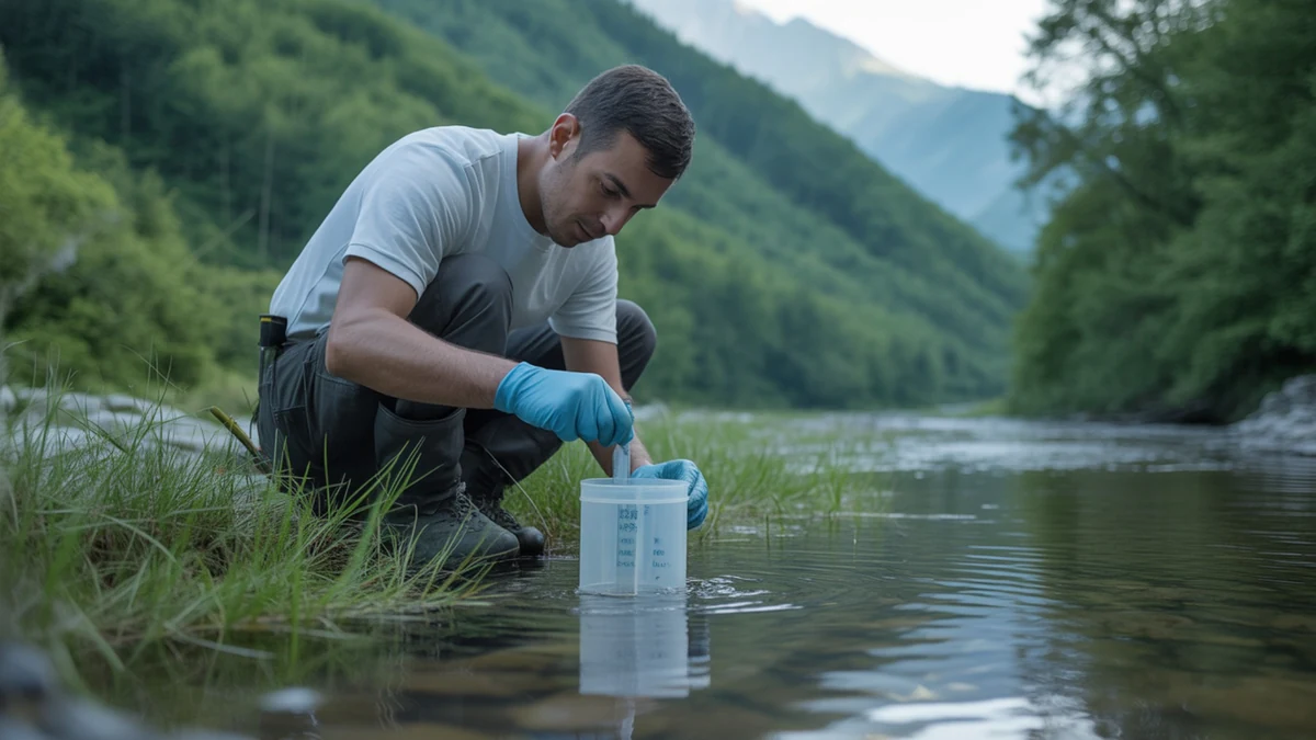 Terensko uzorkovanje rečne vode kao ilustracija eDNA analize i neinvazivnog monitoringa vrsta.