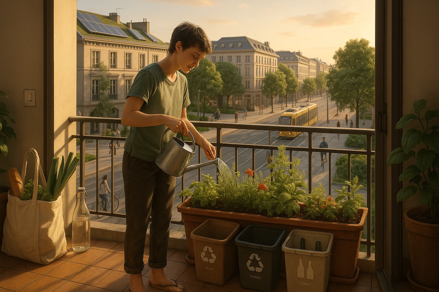 Mladi čovek zaliva mini baštu na balkonu iznad ulice sa tramvajem, pešacima i biciklistima; na krovovima se vide solarni paneli – prikaz ekologije svakodnevnog života u gradu.