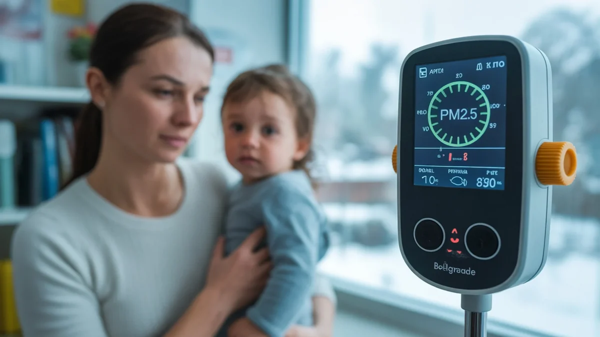 Majka sa detetom pored uređaja za merenje PM2.5 kao ilustracija veze između zagađenja vazduha i zdravlja.