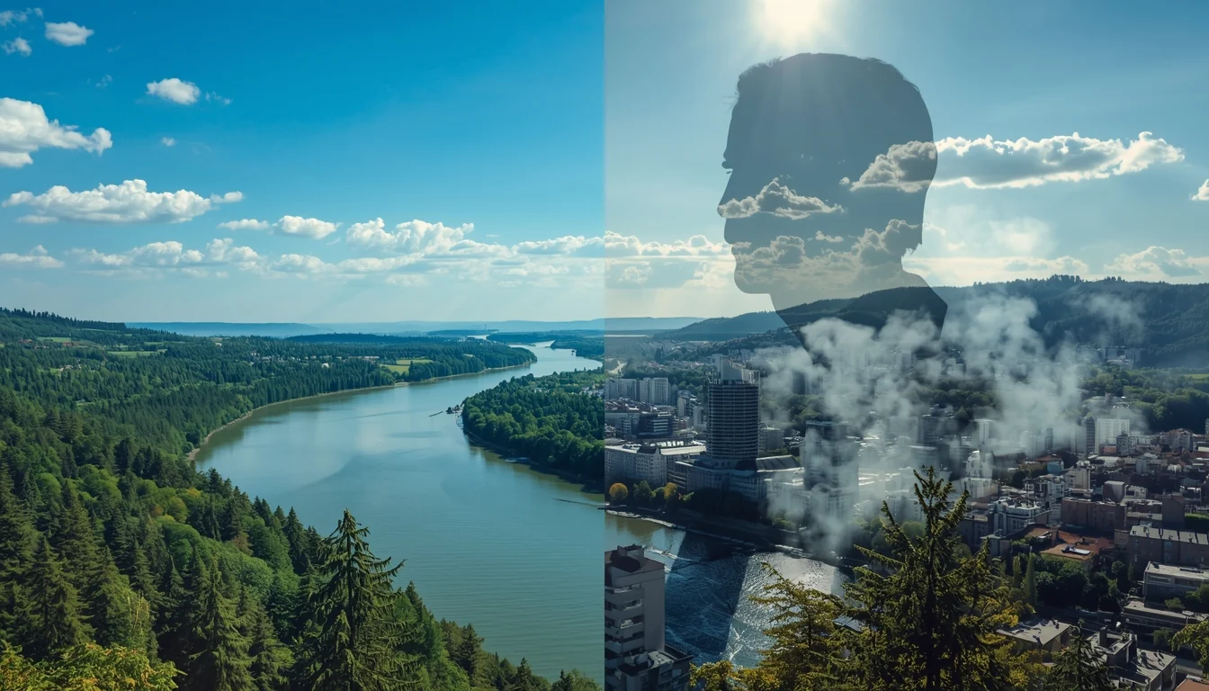 Poređenje prirodnog pejzaža i urbanog prostora sa zagađenjem kao ilustracija veze između životne sredine i zdravlja.