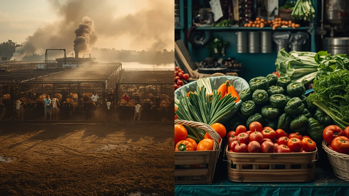 Podeljeni prizor industrijskog stočarstva i tezge sa svežim povrćem kao ilustracija razlike u ekološkom otisku različite hrane.