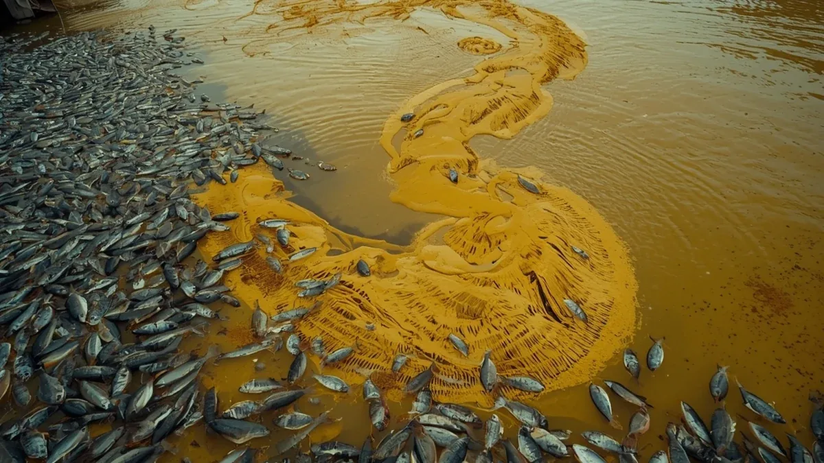 Pomor ribe i narandžasto zagađenje kao ilustracija ekološke katastrofe na Tisi i posledica hemijskog incidenta.