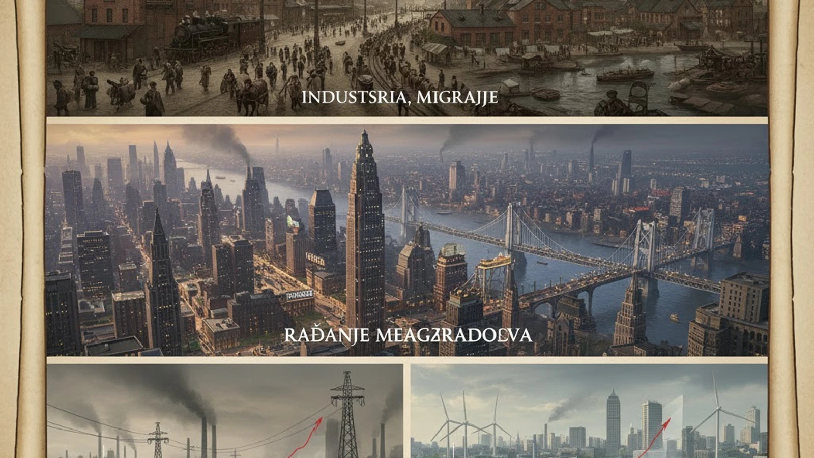 Kako je industrijska revolucija pretvorila gradove u megacentre? Priča o eksploziji urbanog stanovništva, zagađenju i savremenim ekološkim izazovima.