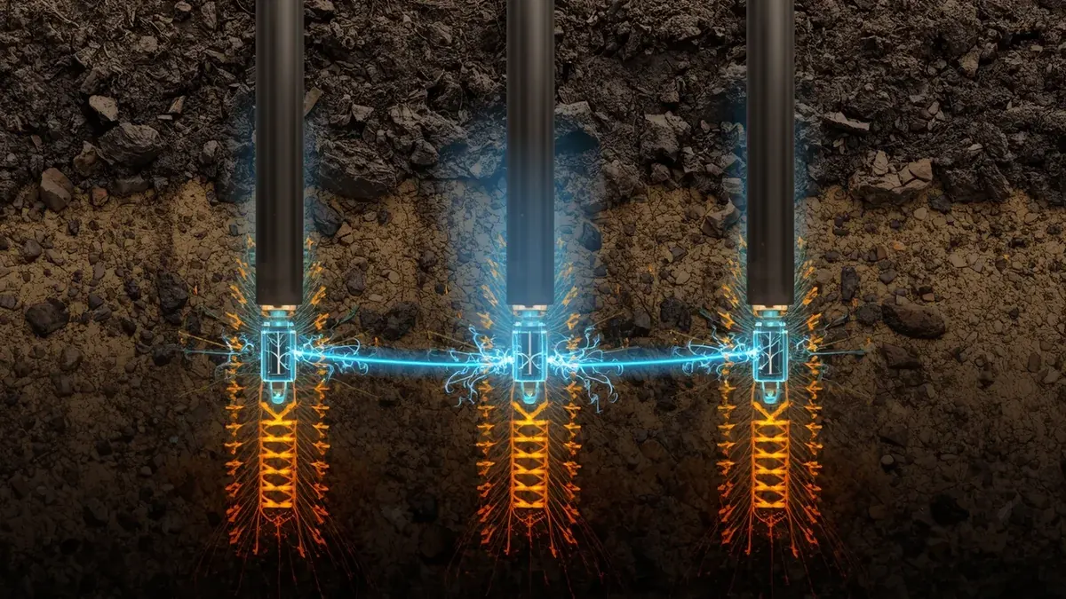 Shematski prikaz elektroda u zemljištu i strujnog polja kao ilustracija elektrokinetičke remedijacije tla.