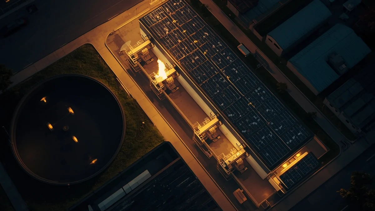 Pogled odozgo na postrojenje za prečišćavanje otpadnih voda sa solarnim panelima kao ilustracija energetske efikasnosti PPOV.