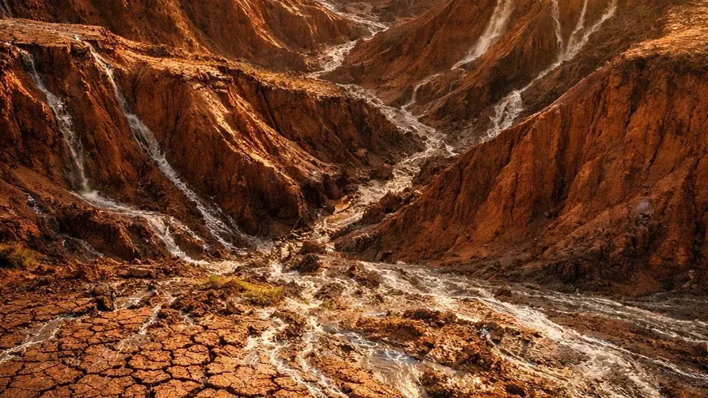 Duboke brazde erozije usečene u suvo crvenkasto zemljište — posledica gubitka zaštitnog pokrivača i površinskog spiranja.