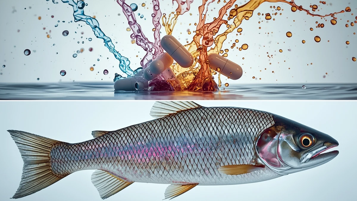 Riba i kapsule sa obojenim tečnostima kao ilustracija farmaceutskog zagađenja vodenih ekosistema.