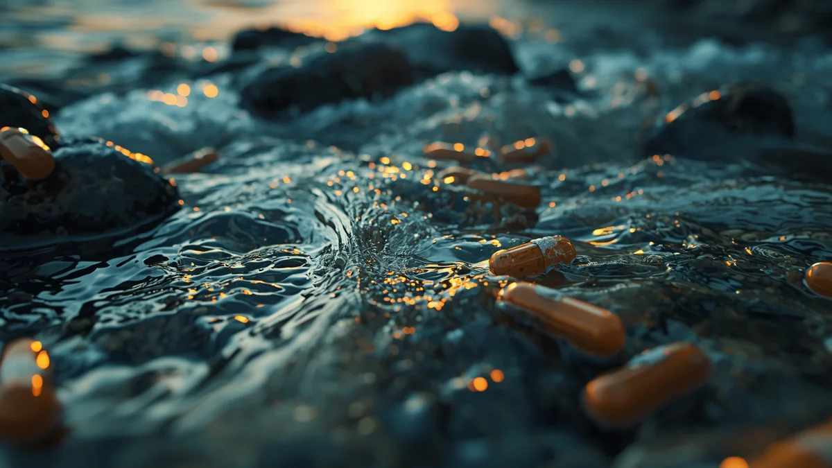 Kapsule koje plutaju u vodi kao ilustracija antibiotika u rekama i farmaceutskog zagađenja vodotokova.