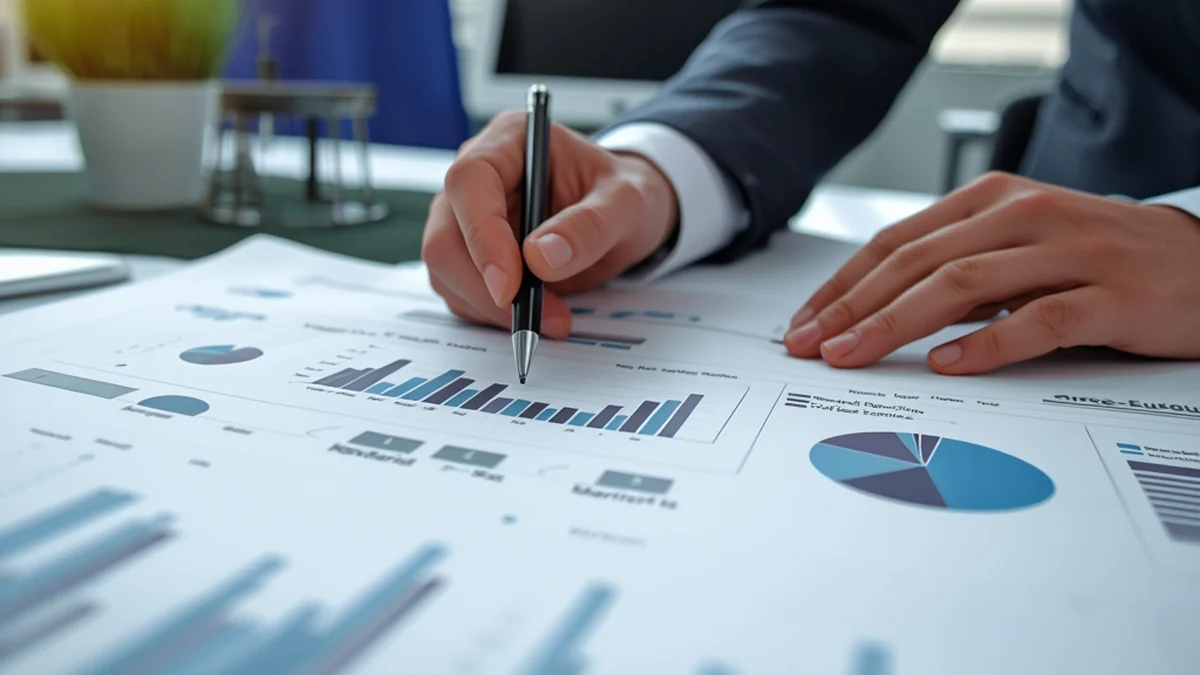 Radni sto sa finansijskim izveštajem i zastavom Evropske unije kao ilustracija finansiranja sektora otpadnih voda.