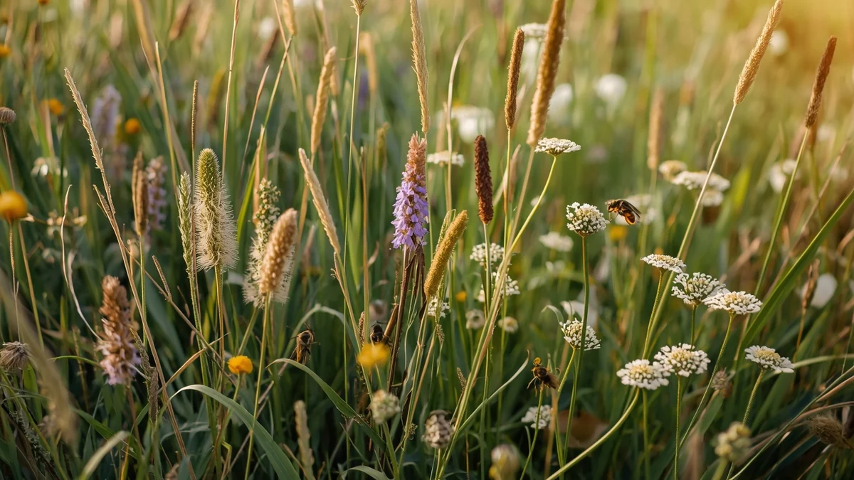 Livadske trave, cvetovi i oprašivači kao ilustracija funkcionalnog biodiverziteta i različitih ekoloških uloga u zajednici.