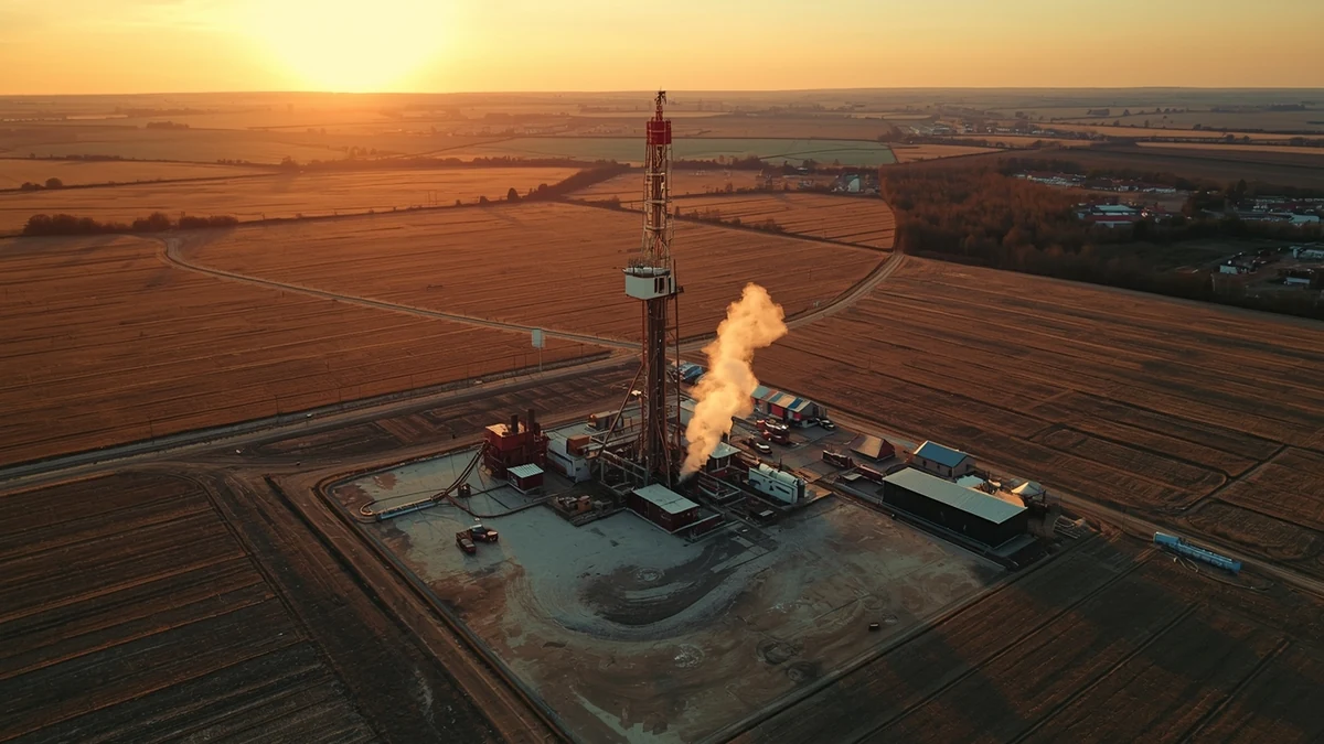 Geotermalna bušotina i postrojenje u ravnici pri zalasku sunca kao ilustracija potencijala geotermalne energije u Srbiji.