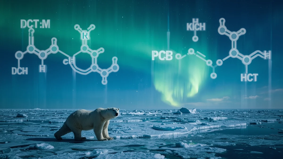 Polarni medved na ledu ispod neba sa hemijskim formulama kao ilustracija akumulacije persistentnih organskih zagađivača na Arktiku.