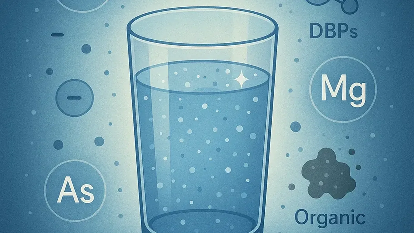 Čaša vode iz česme i flaširana voda sa stilizovanim hemijskim simbolima u pozadini