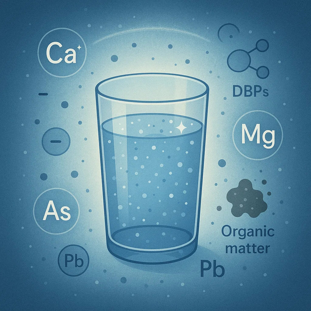 Čaša vode iz česme i flaširana voda sa stilizovanim hemijskim simbolima u pozadini