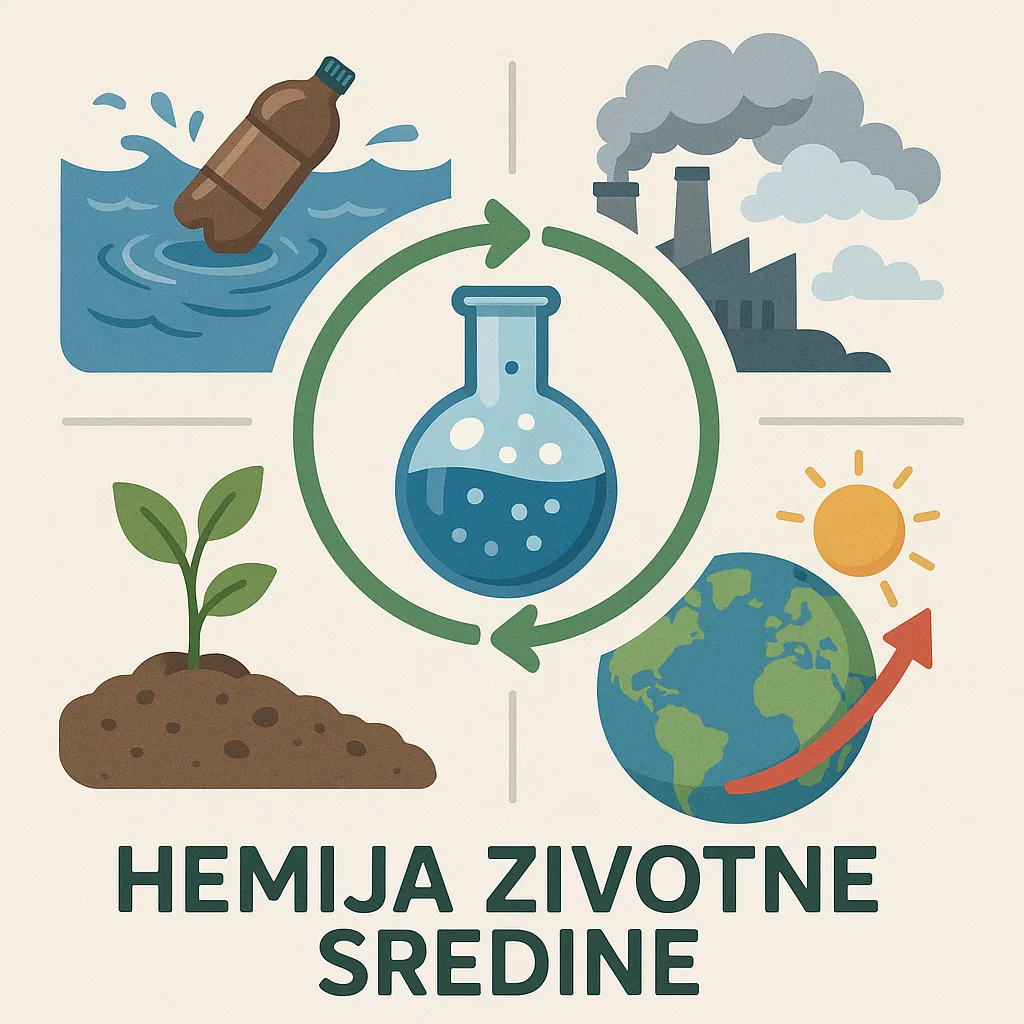 Infografik hemije životne sredine: voda, vazduh, zemljište i planeta Zemlja oko hemijske tikvice