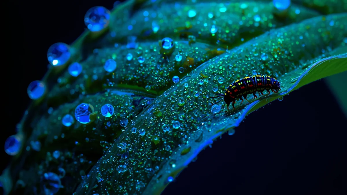 Šarena gusenica na vlažnom listu kao ilustracija hemijske ekologije biljaka i odbrane sekundarnim metabolitima.