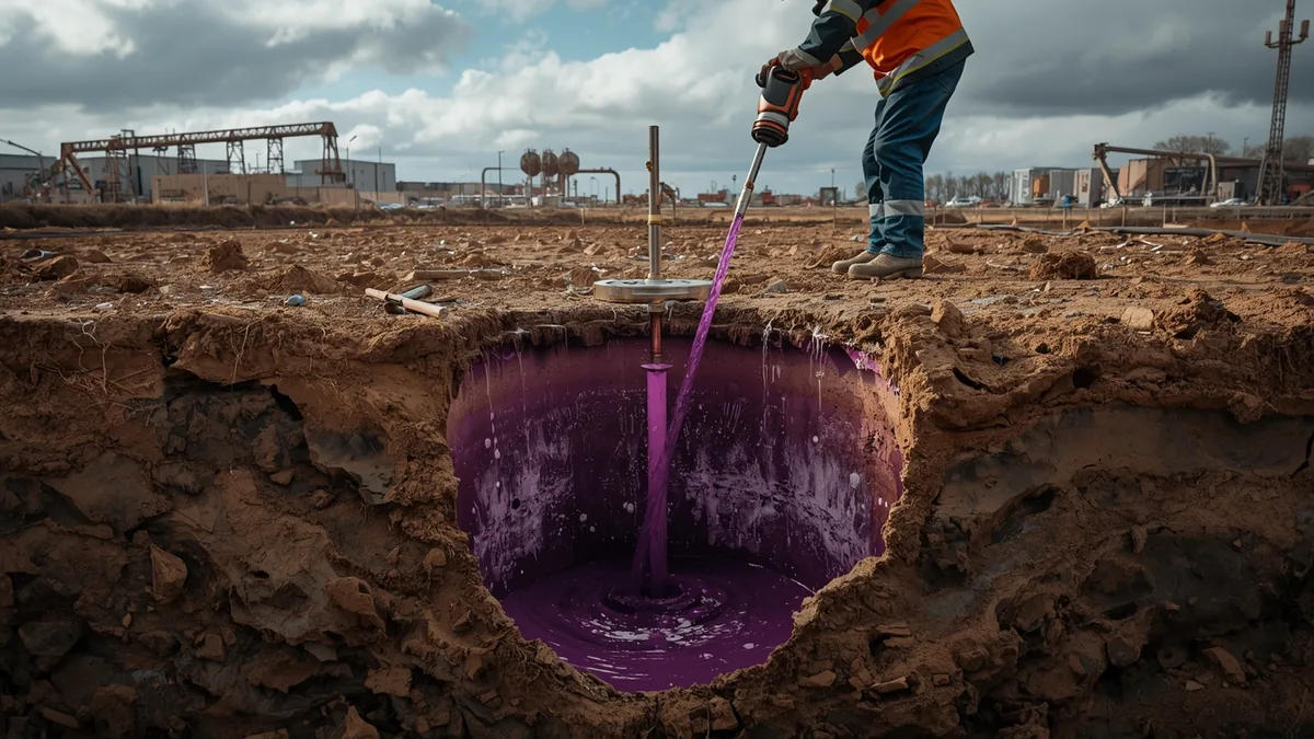 Injekcija oksidansa u podzemlje kroz bušotinu kao ilustracija in-situ hemijske oksidacije kontaminiranog podzemlja.