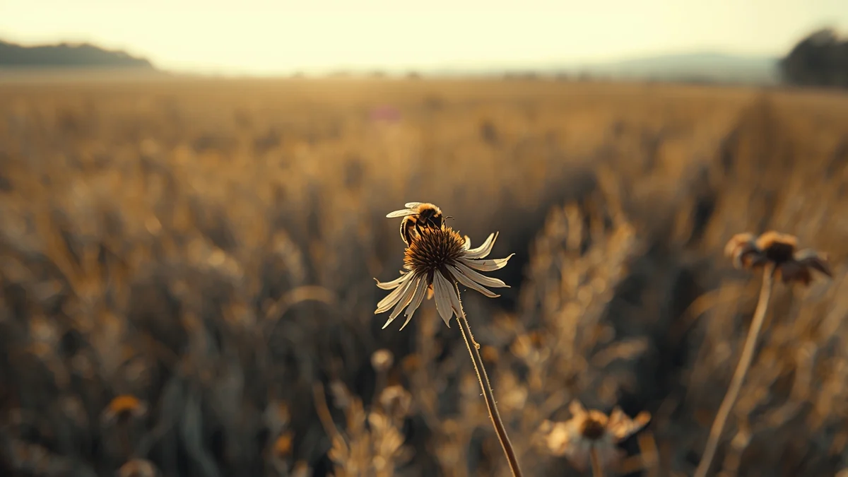 Pčela na suvoj livadskoj cvasti kao ilustracija pada brojnosti insekata i krize oprašivača u poljoprivrednom pejzažu.